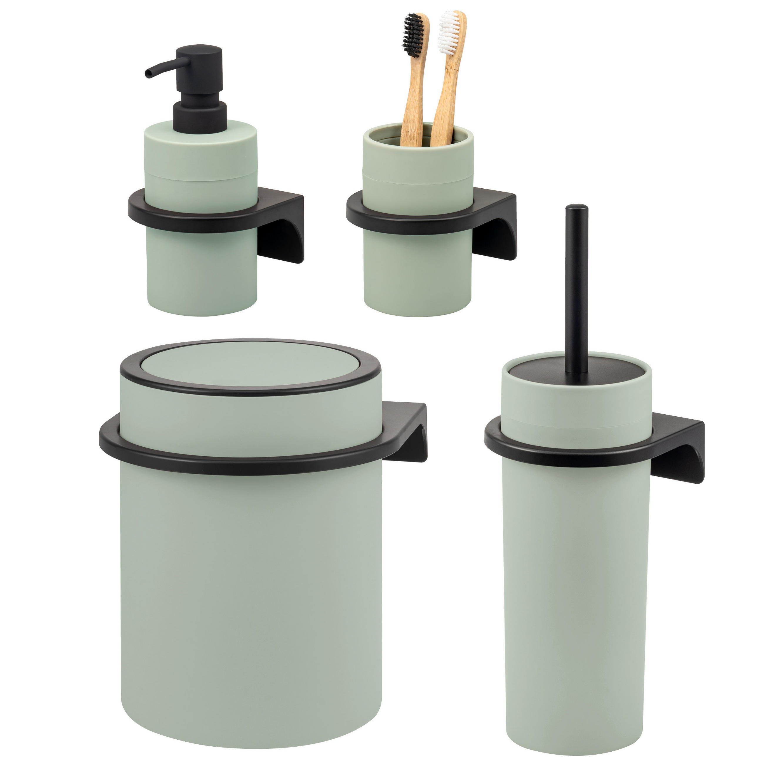 BAD-ACCESSOIRES-SET (4er-Set) SAVONA, Soft-Touch, salbeigrün - Salbeigrün, Kunststoff (19/24.5/19cm) - bremermann
