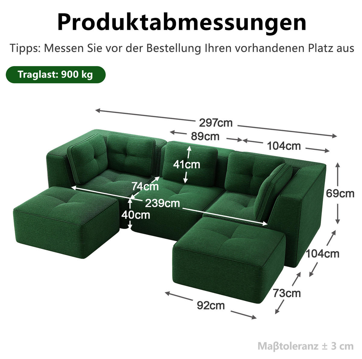 WOHNLANDSCHAFT Grün aus Cord mit 74 cm Sitztiefe und flexiblem Design - Grün, Textil (177/69/297cm) - Flora Grace