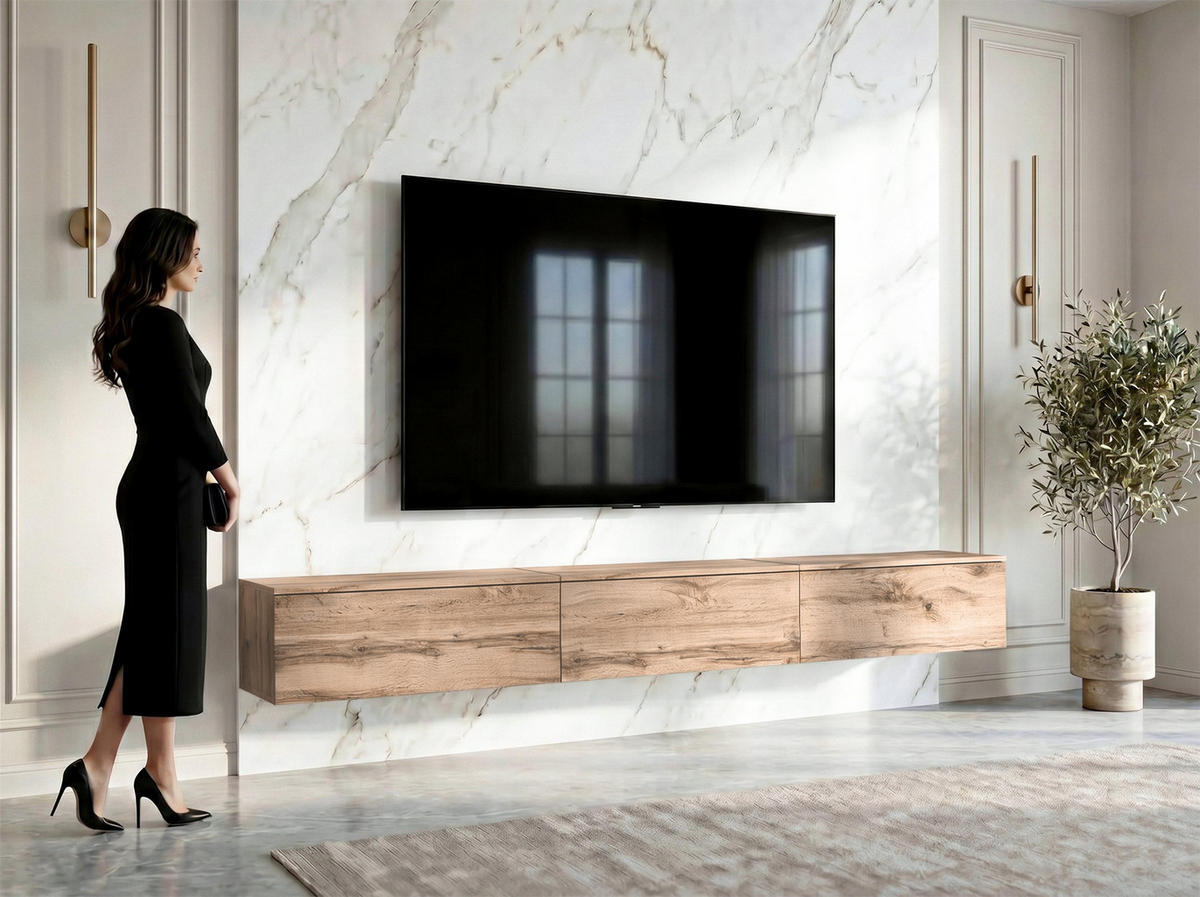 LOWBOARD Barvo 3x100 Eiche Wotan 300/34/32 cm – hängendes TV-Board - Braun, Holzwerkstoff (300/34/32cm) - AX Living