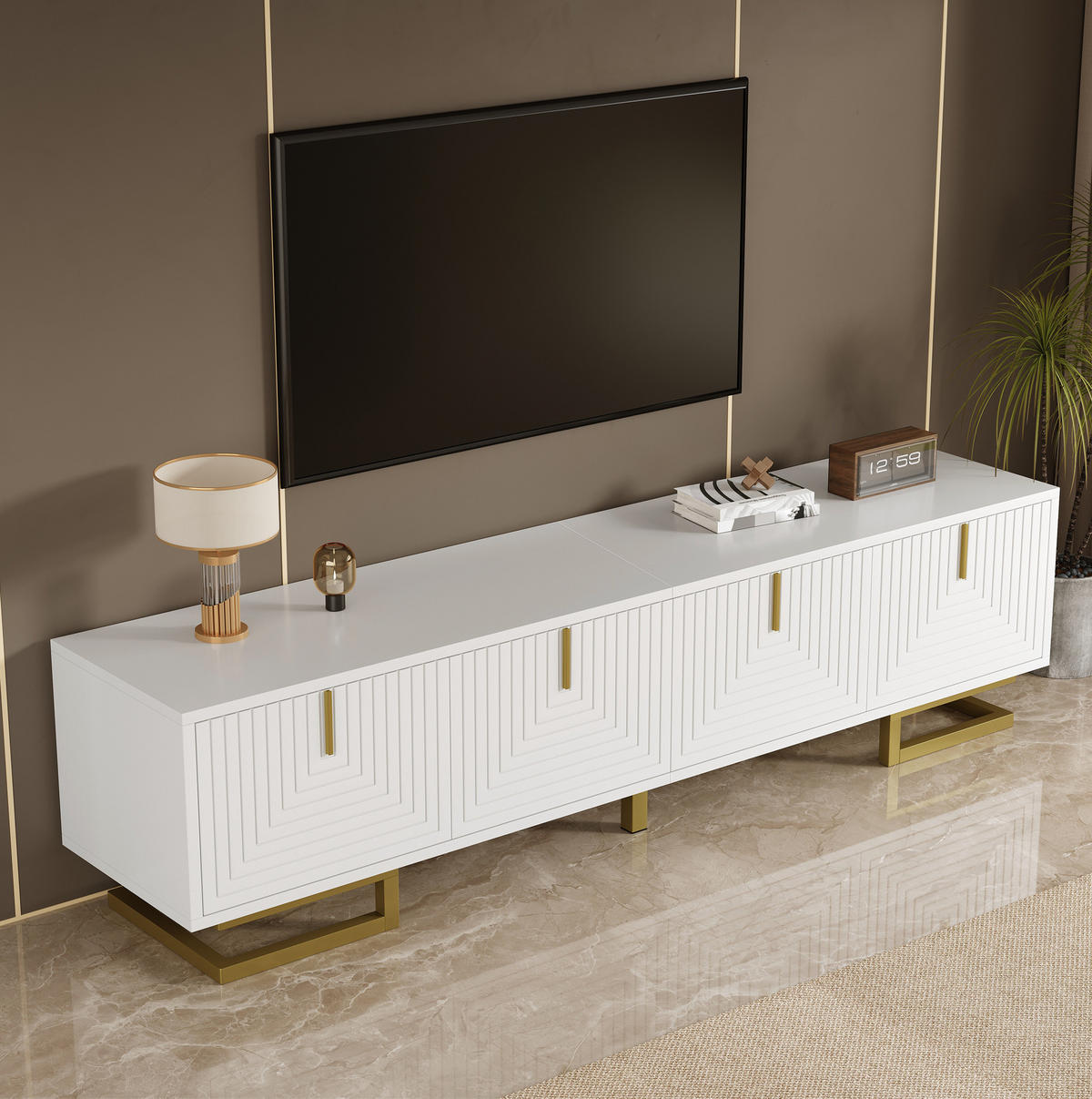 TV-ELEMENT mit 4 Türen 160 cm Weiß mit goldfarbenen Details - Weiß, Holzwerkstoff (38/44.5/160cm) - Beauniv