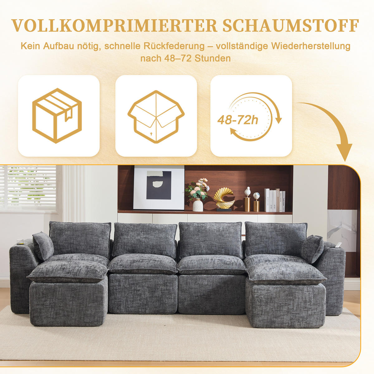 WOHNLANDSCHAFT mit 2 Fußhockern, Getränkehalter und Federkern aus Chenille - Dunkelgrau, Textil (322/75/161cm) - EVRYAE