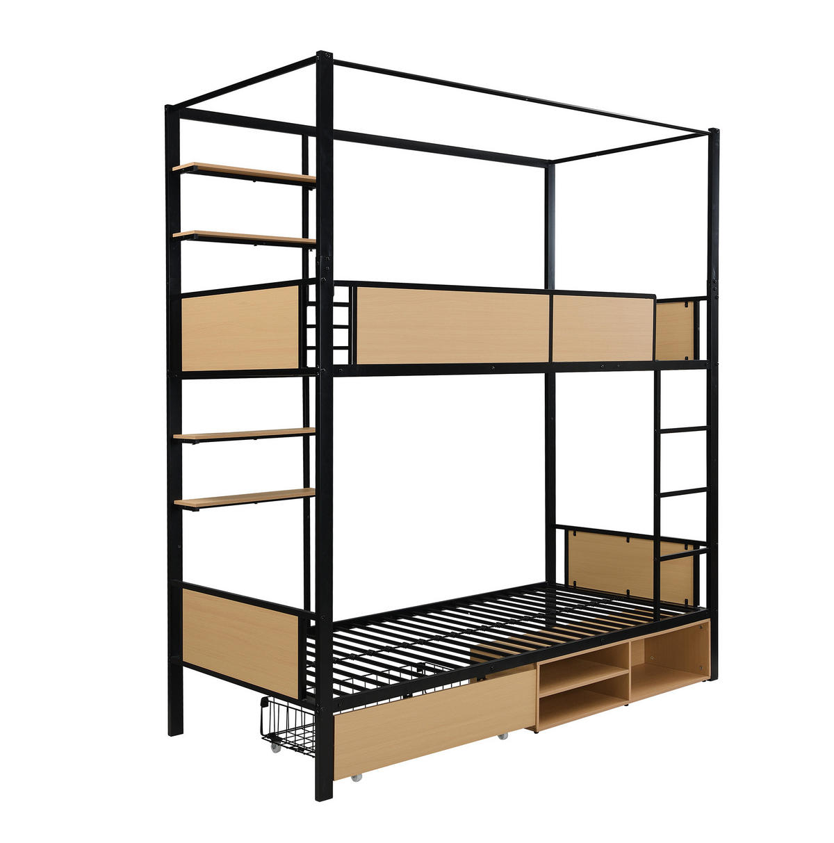 ETAGENBETT 90/200 cm aus Metall & MDF mit Stauraum und Ablagen - Schwarz, Holzwerkstoff (90/200cm) - BEAOK