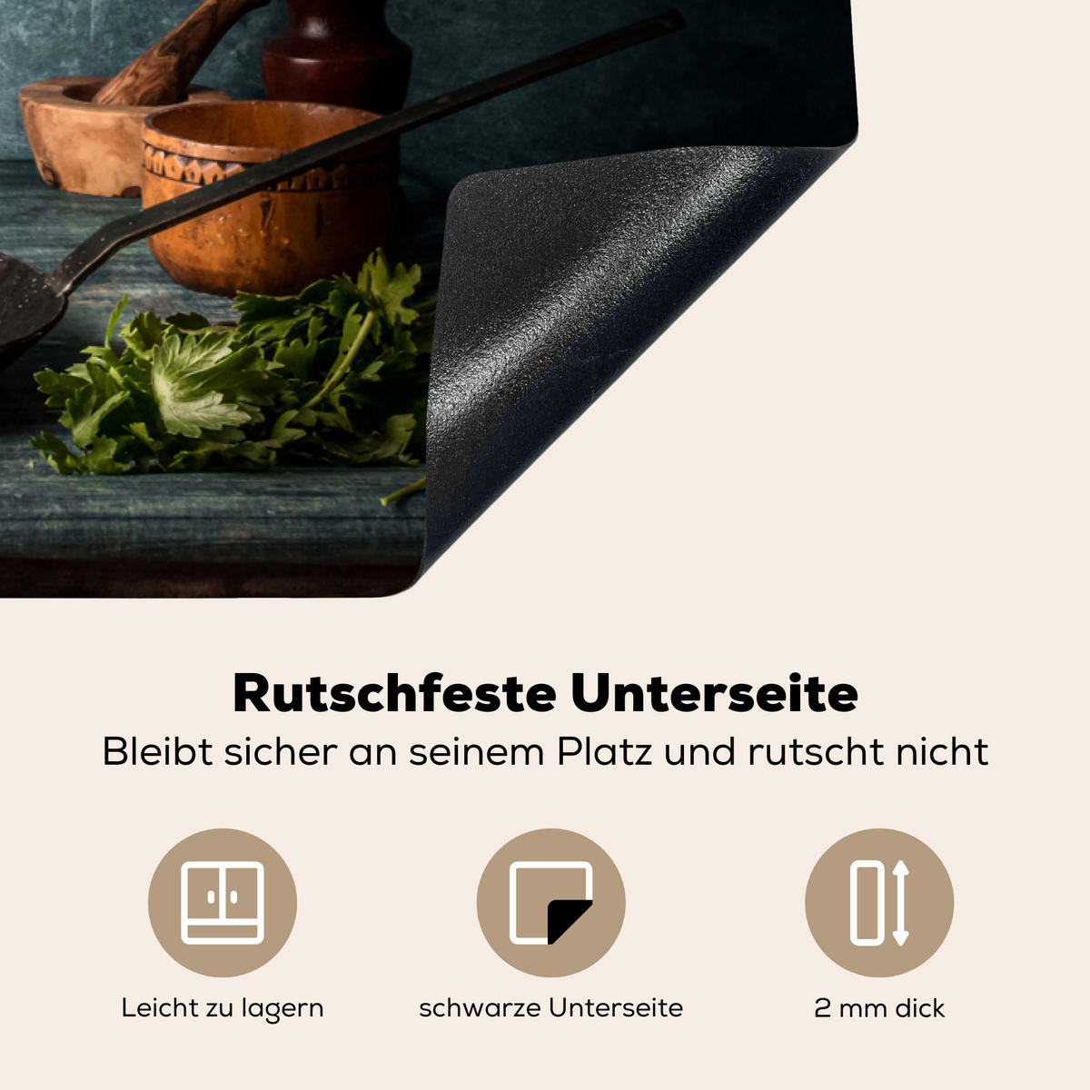 HERDABDECKPLATTE Kräuter - Gewürze - Pfanne - Messer - Grau - Rustikal Induktionsschutz 89.6x51.6 cm - Petrol, Kunststoff (89.6/51.6/0.2cm) - MuchoWow