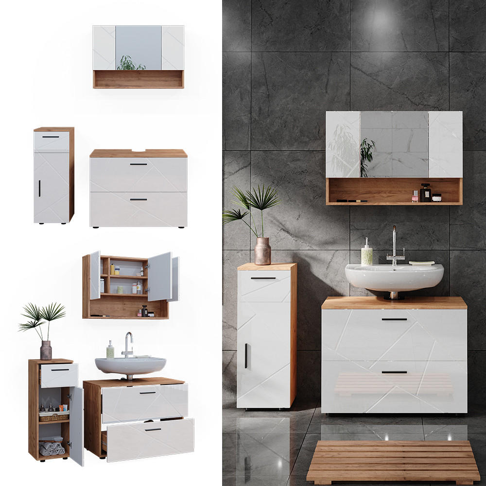 BADMÖBEL-SET Irma Weiß Hochglanz/Goldkraft Eiche 3 Teile - Weiß Hochglanz/Eiche Wotan, Holzwerkstoff (80/58.6/41cm) - Vicco