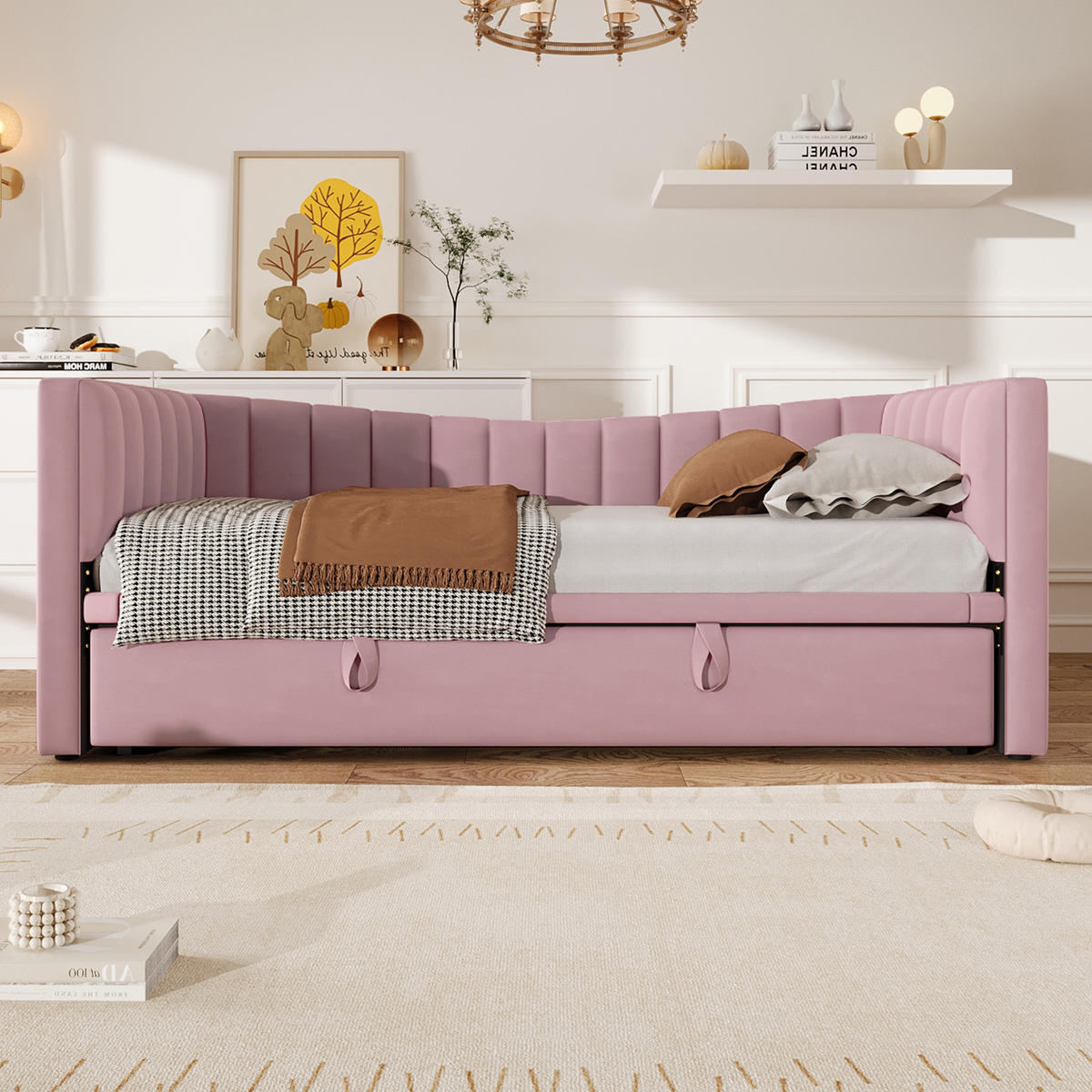 TAGEBETT 90x200cm + 180x200cm Rosa Samt Ausziehbett minimalistisch - Pink, Holz (180/200cm) - FLIEKS