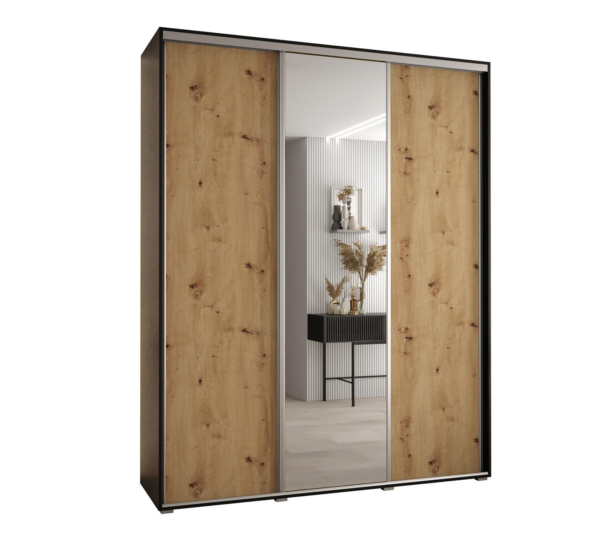 Abiks Möbel Schwebetürenschrank Schwarz, Eiche Artisan, Silber 190x235x60 cm
