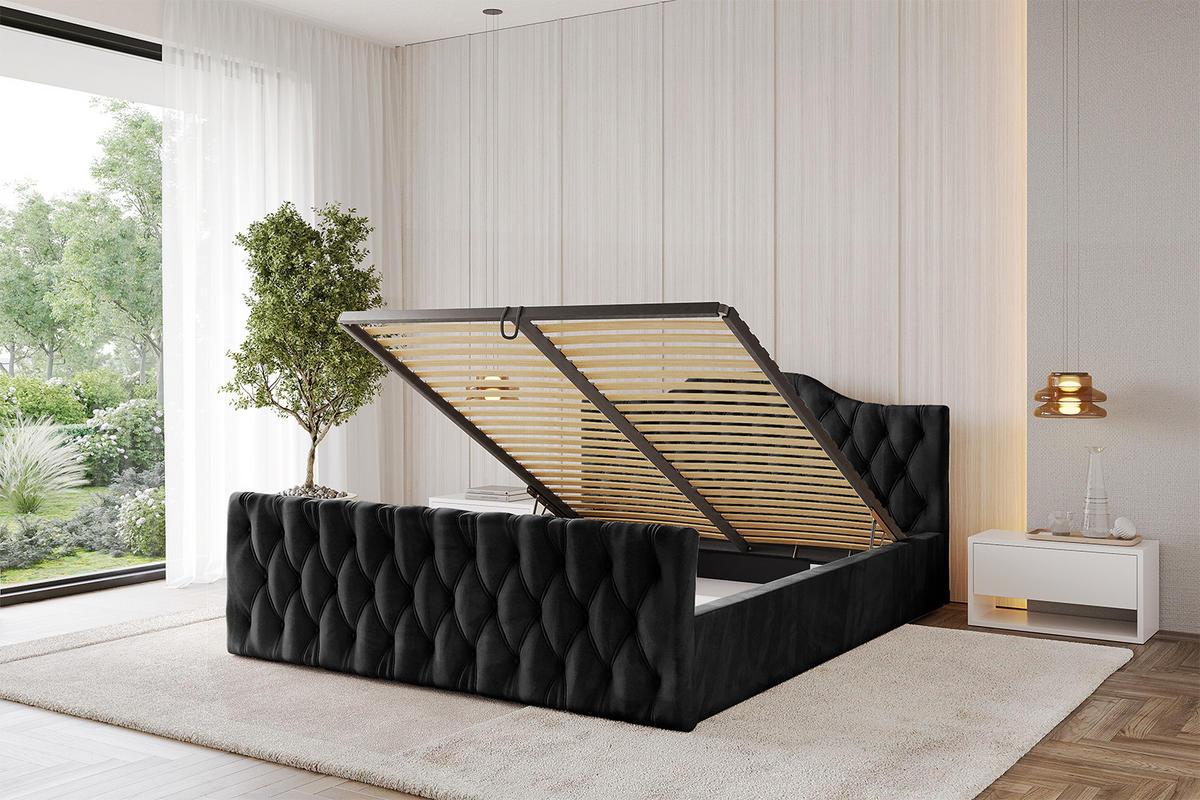 POLSTERBETT mit Bettkasten, Fußteil und Lattenrost, Boxbett mit Matratze H3/H4 - FALIO-Z-V1 200x200 Schwarz - Schwarz, Holzwerkstoff/Textil (200/200cm) - ALTDECOR