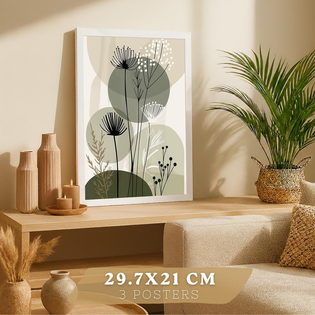 PLAKAT Sada 3 Zelené květy A3 Bílý rám - bílá, papír (29.7/1/42cm) - Nacnic