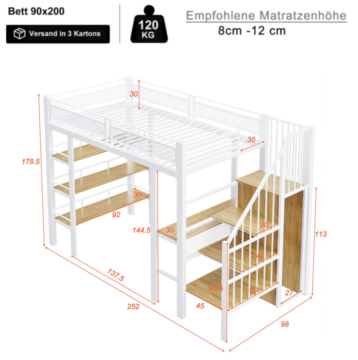 HOCHBETT 90/200 cm aus Metall mit Schreibtisch, Weiß - Weiß, Metall (90/200cm) - OKMYHOME