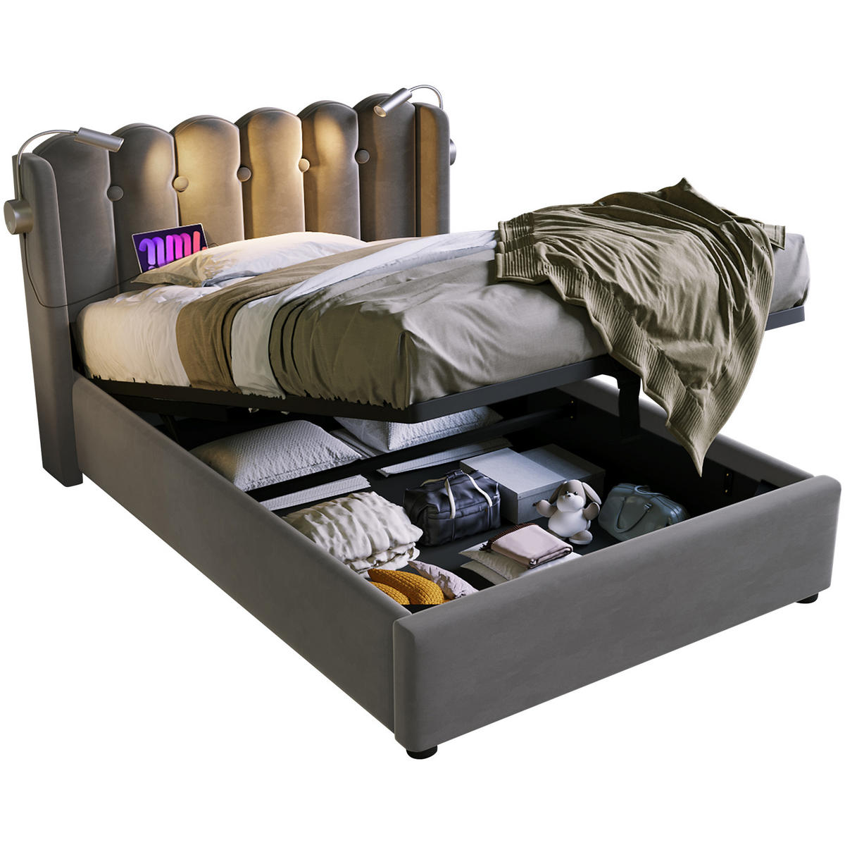 POLSTERBETT 90/200 cm Grau aus Samt mit Bettkasten, Leselicht und USB-Anschluss - Grau, Textil (90/200cm) - Flora Grace