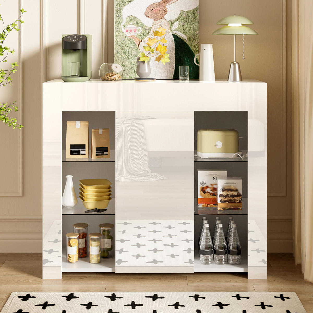 SIDEBOARD Weiß, Hochglanzfront, Glasregale, kompakter Stauraum - Weiß, Holz (95/83/35cm)