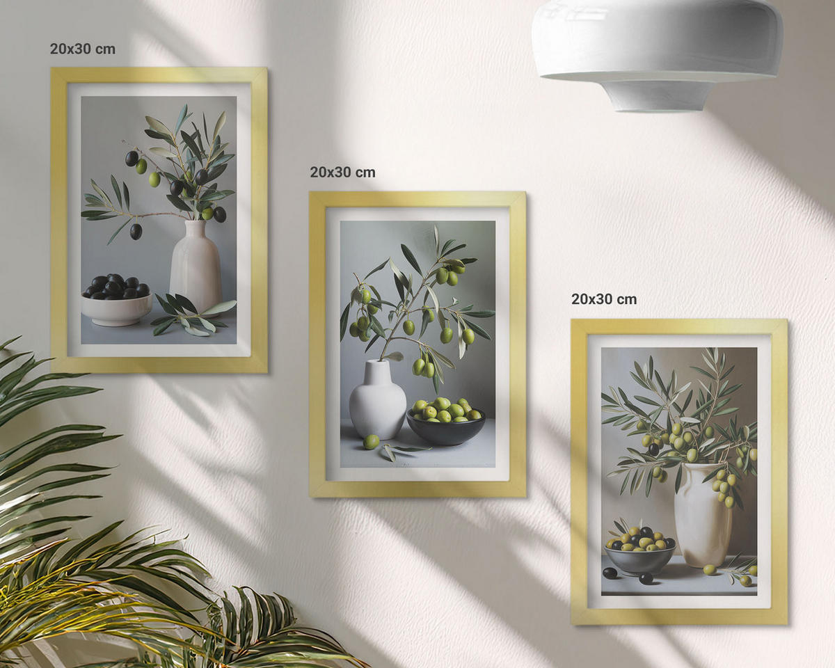 WANDBILDER 3er Set - 20x30 cm Goldrahmen - Oliven in schlichten Vasen - Goldfarben, Kunststoff (20/30cm) - ArtPrintCave