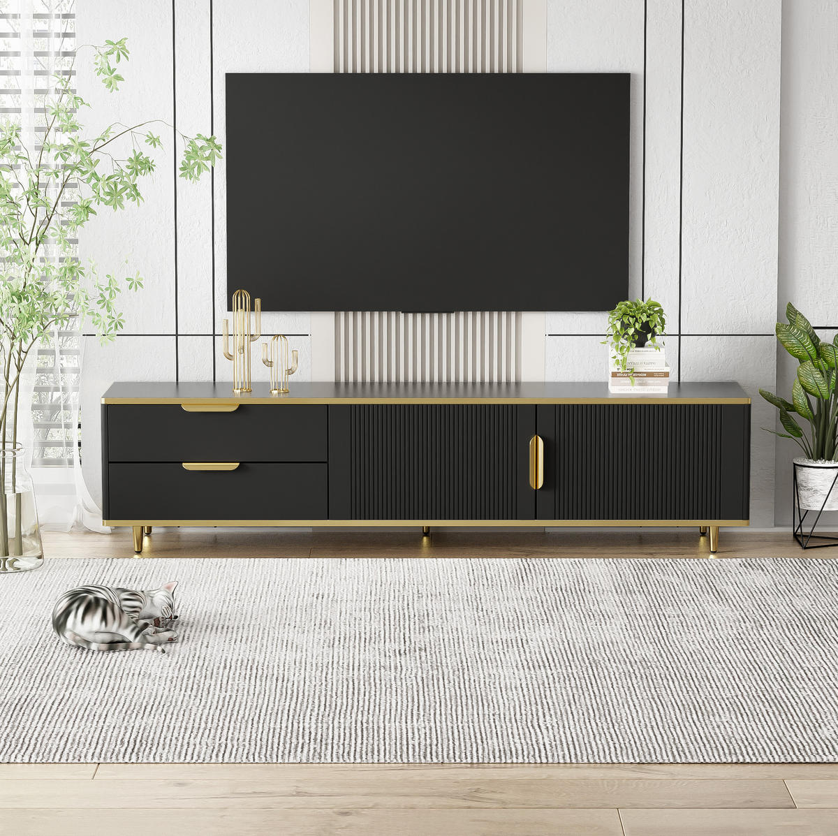 TV-LOWBOARD in Schwarz mit Golddetails, 2 Schubladen und 2 Türen 170/37/45 cm - Schwarz, Holzwerkstoff (170/45/37cm) - Redom