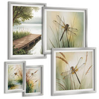 BILDER SET 5er Set - 50x50 cm & 20x30 cm & 40x60 cm Silberner Rahmen - Libellengräser über dem Wasser - Silberfarben, Kunststoff (40/60cm) - TULUP
