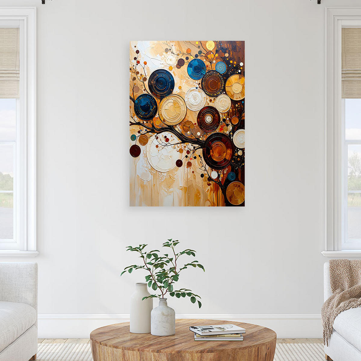 LEINWANDBILD Abstraktion Kreise Zweige 80x120cm - Beige, Textil (80/120cm) - Feeby