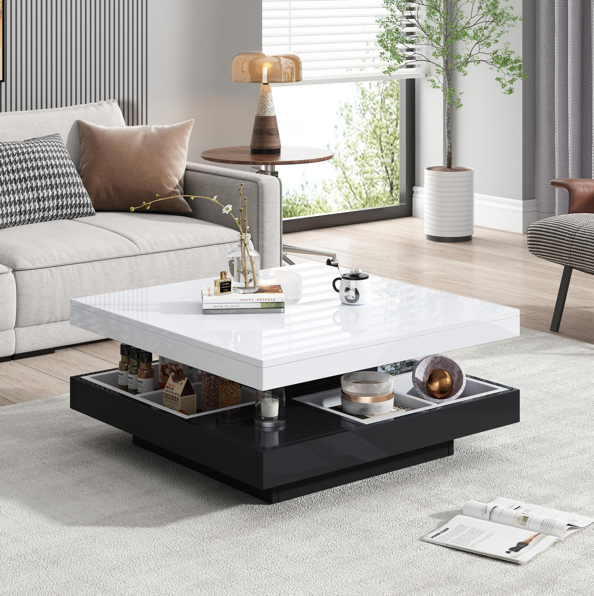 COUCHTISCH drehbar 70x70 cm Hochglanz Weiß Schwarz - Schwarz, Holzwerkstoff (70/70/36cm) - Meubliv
