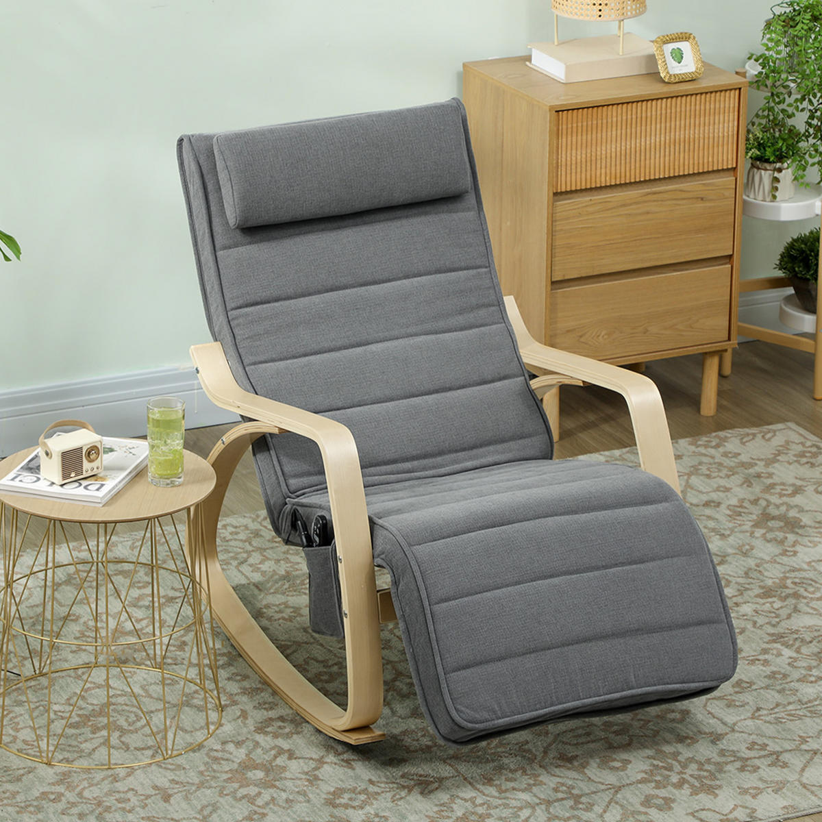SCHAUKELSTUHL Schaukelsessel mit Massagefunktion, Kopfstütze, Fußstütze, Grau - Naturfarben/Grau, Holz/Textil (67/92/106cm) - HOMCOM