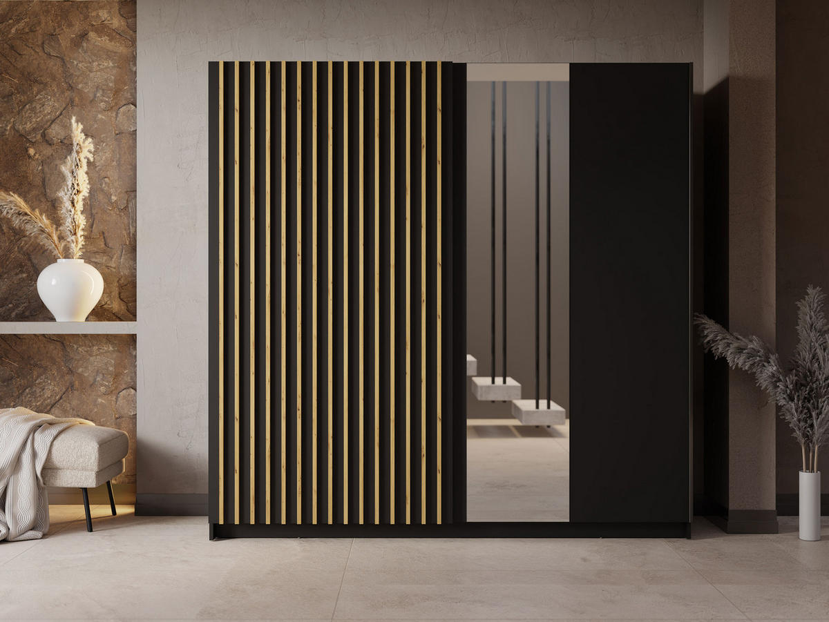 SCHIEBETÜRENSCHRANK Negler - Schwarz, Holzwerkstoff/Kunststoff (201/199/62cm) - MIRJAN24