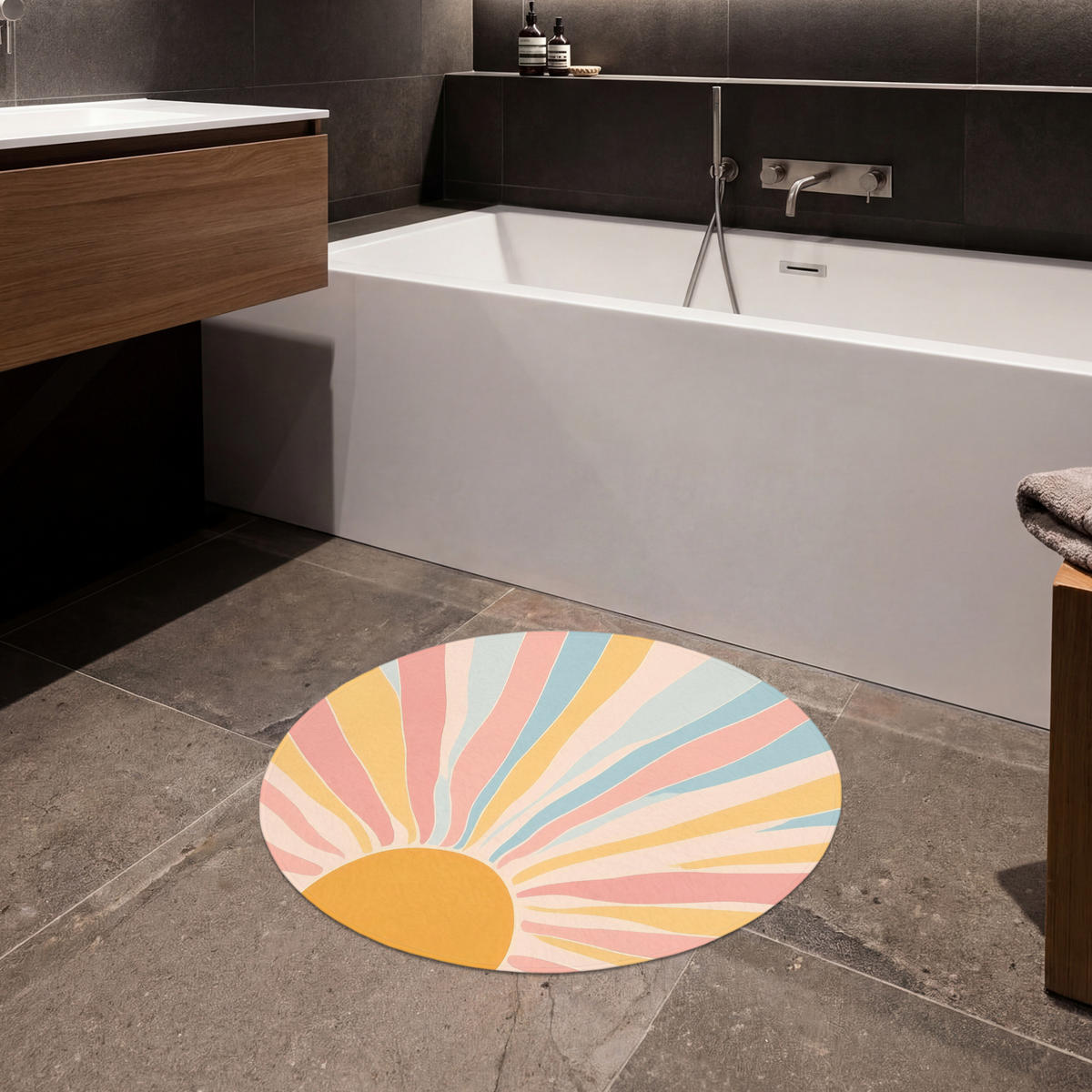 BADEMATTE Illustration - Sonne - Pastellfarben 70x70 cm - Pastellblau, Kunststoff/Textil (70/70cm)