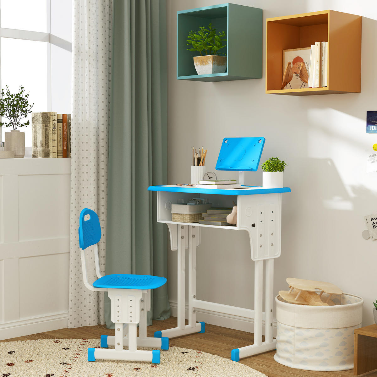 SCHREIBTISCH-SET DE-17529 mit Lesestütze, Staufach und Haken Blau - Blau, Kunststoff (60/102/45cm) - ComfortXL