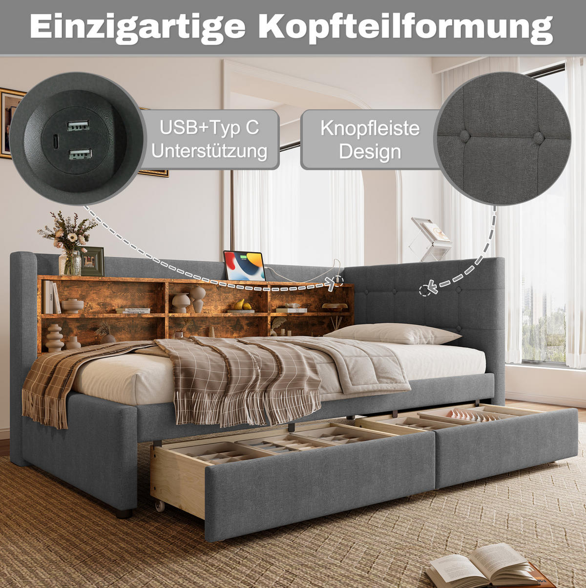 POLSTERBETT 90/200 cm grau aus Leinen mit 2 Schubladen und USB-Anschluss - Grau, Textil (90/200cm) - OKMYHOME