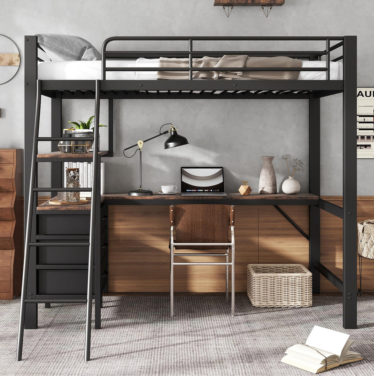 HOCHBETT aus Metall und Spanplatte 90x200 cm Schwarz/Dunkle Walnuss mit Schreibtisch, 3 Schubladen und Regal - Schwarz, Metall (90/200cm) - Modfu