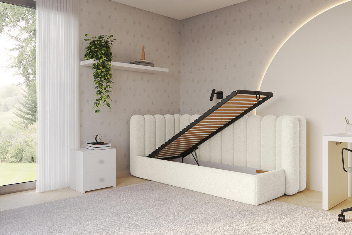 EINZELLBETT Jugendbett mit Bettkasten und Matratze H3/H4, Rechts - HUGY 90x200 Beige - Perlmutt, Holzwerkstoff/Textil (90/200cm) - ALTDECOR