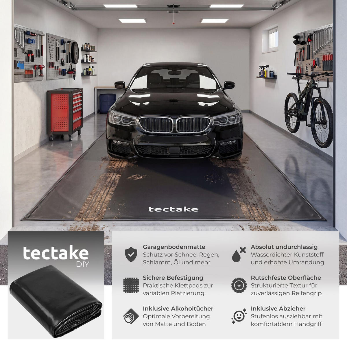 GARAGENBODENMATTE , inklusive ausziehbarem Abzieher, schwarz - Schwarz, Kunststoff (240/500cm) - tectake