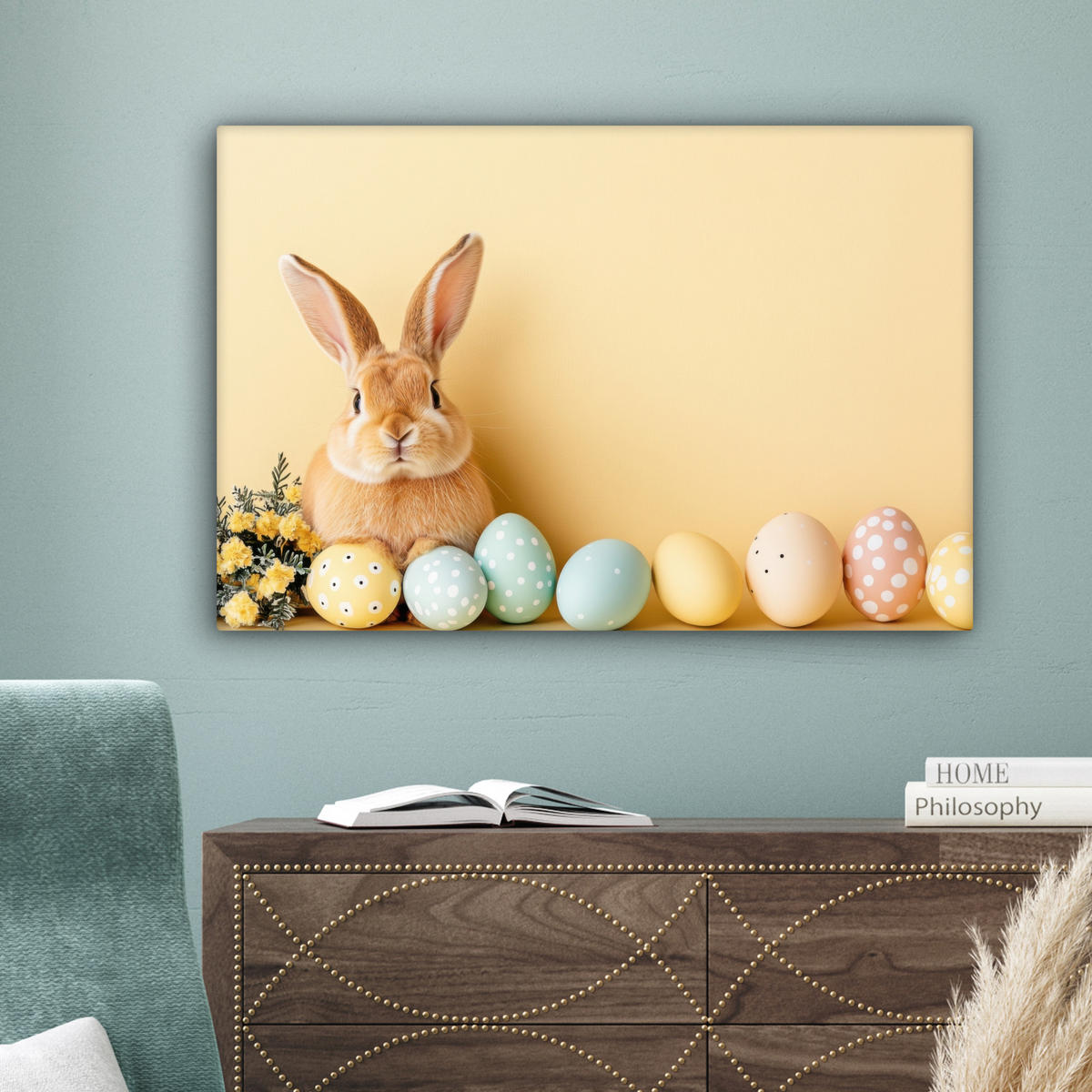 LEINWANDBILD Eier - Kaninchen - Pastellfarbtöne Wanddeko 90x60 cm - Hellgelb, Textil (90/60cm) - MuchoWow