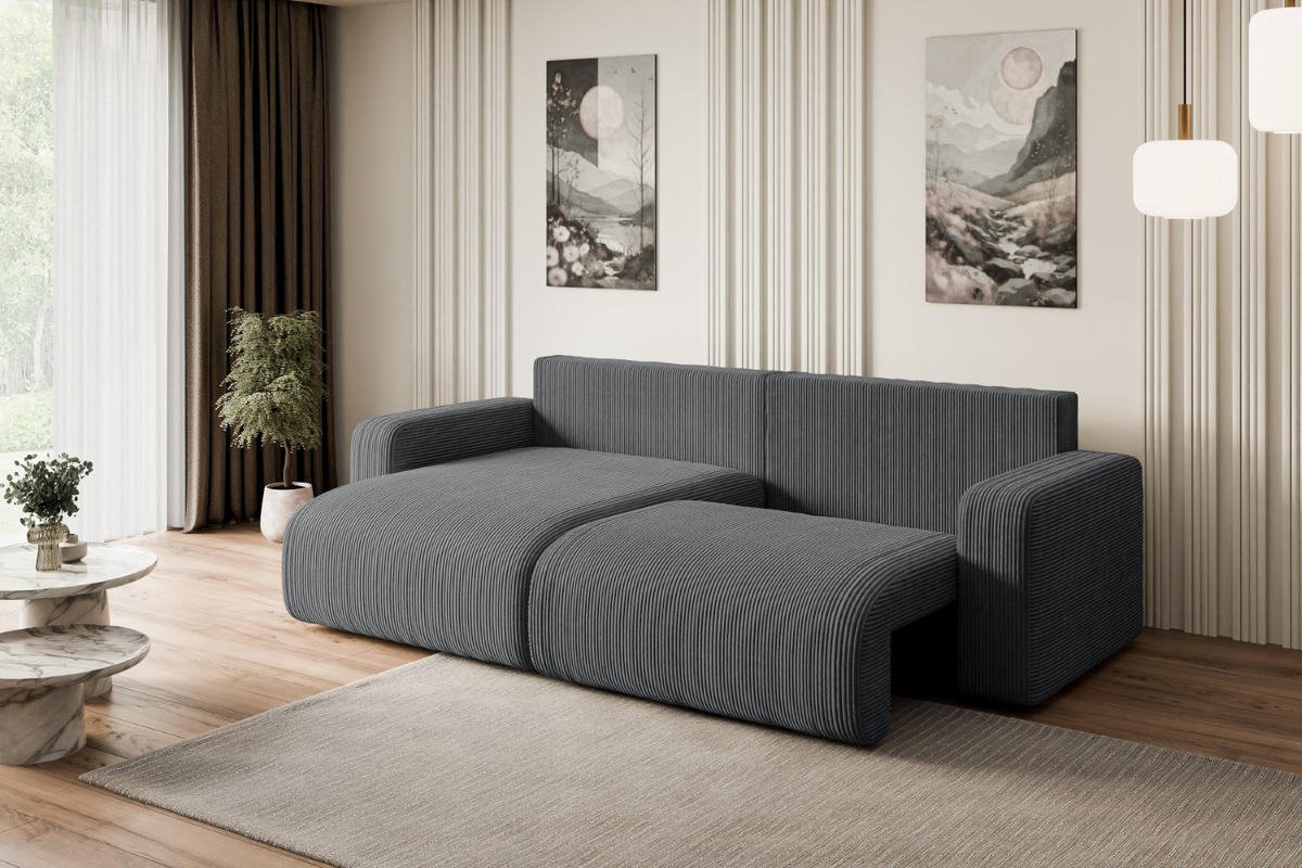 ECKSOFA mit Schlaffunktion und Bettkasten KLEEA-L - 247x143x83 cm Dunkelgrau Cord - Dunkelgrau/Schwarz, Holzwerkstoff/Kunststoff (247/143cm) - ALTDECOR