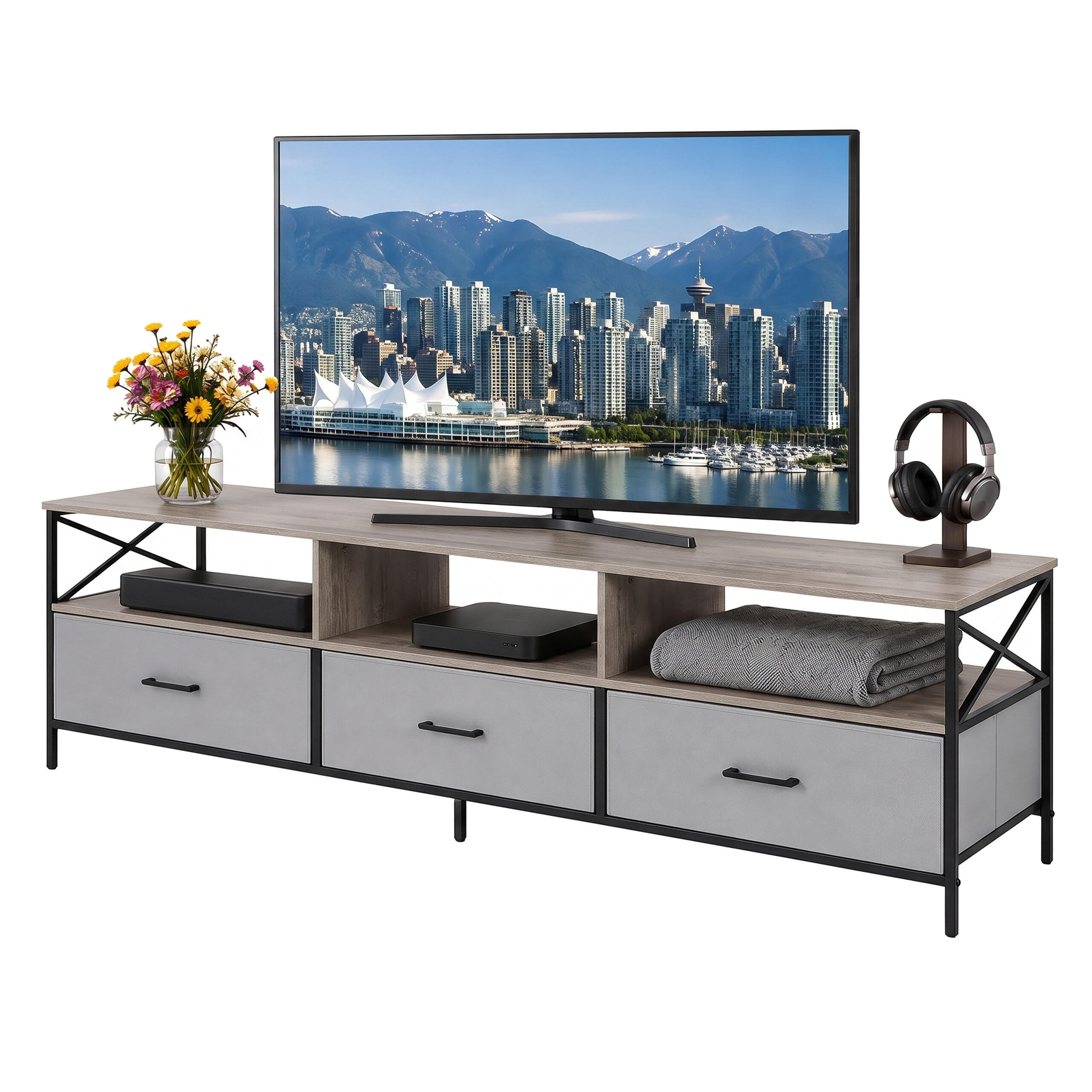 TV-KOMODA greige crna ladice od tkanine 170 cm - višebojno, drvni materijal/metal (170/50/40cm) - Relaxdays