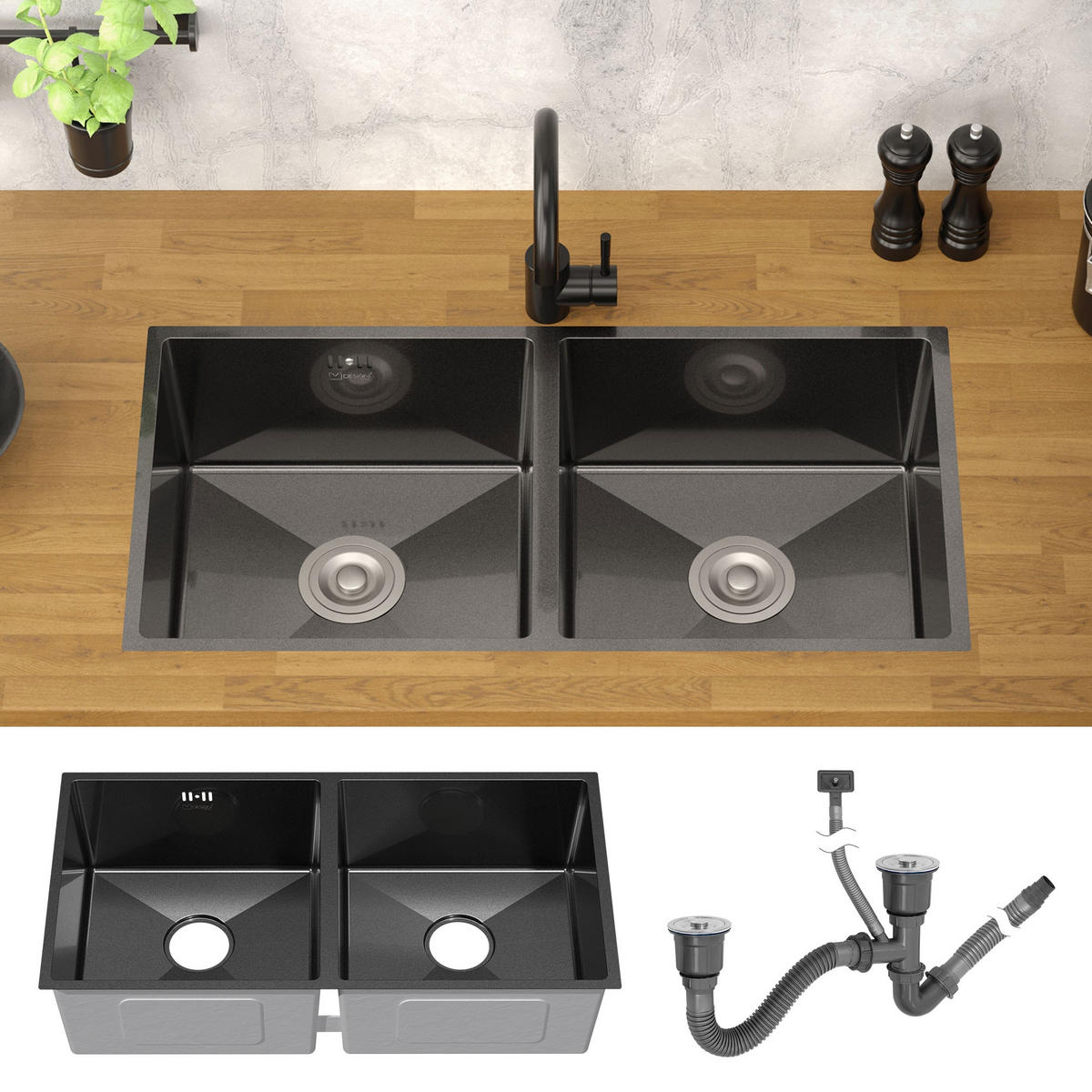 DOPPEL-SPÜLBECKEN Edelstahl 81,5/40cm Anthrazit - Anthrazit, Metall (81.5/20/40cm)