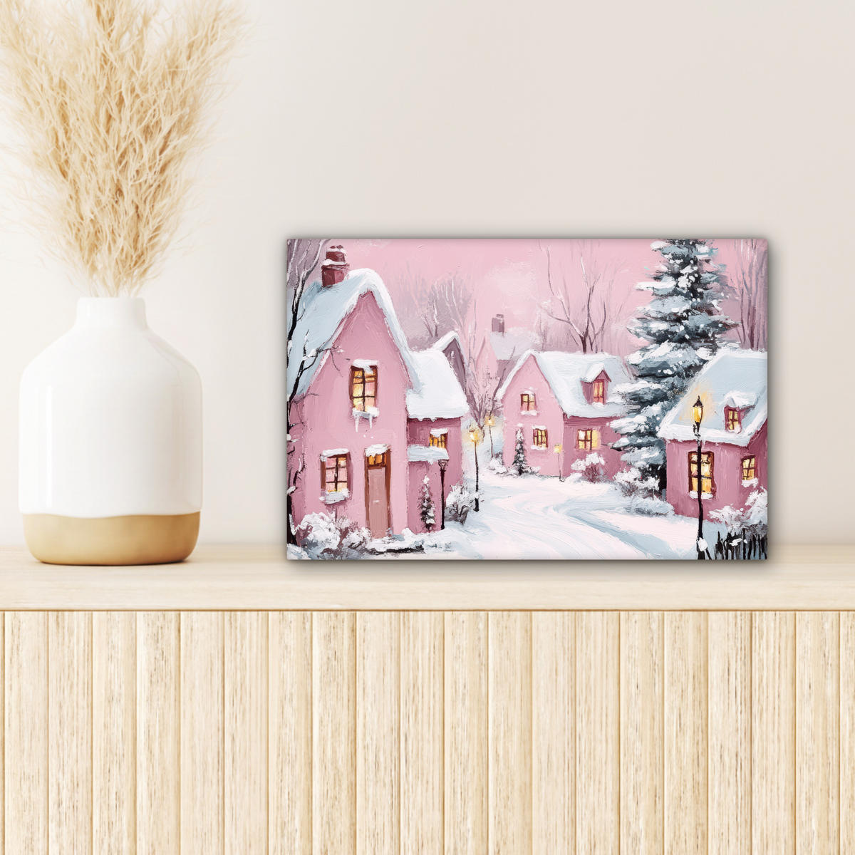 LEINWANDBILD Weihnachtsdorf - Rosa - Winter - Schnee - Häuser 30x20 cm - Altrosa, Textil (30/20cm) - MuchoWow