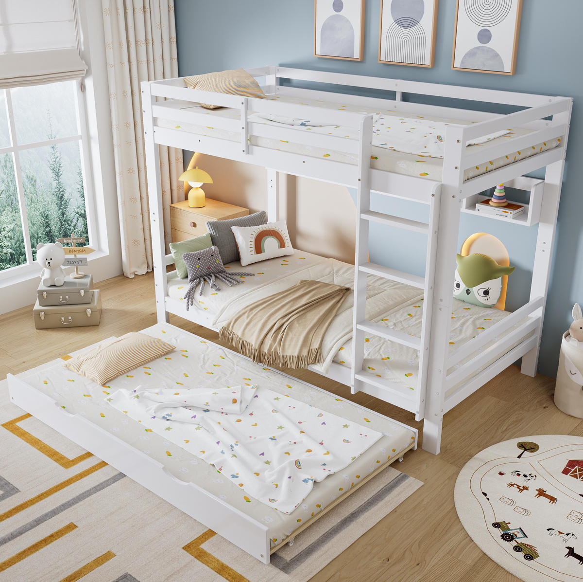 ETAGENBETT 90/200 cm Weiß mit Ausziehbett und Regal - Weiß, Holz (90/200cm) - Flora Grace