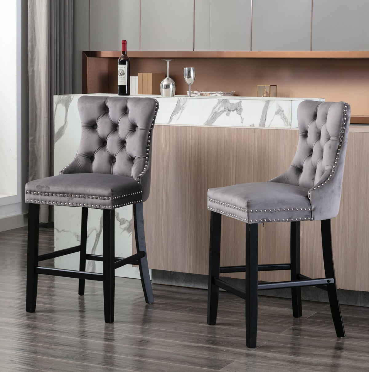 BARSTUHL 2er-Set mit hoher Rückenlehne Samt Grey - Grau, Metall (50/66/60cm) - Meubliv
