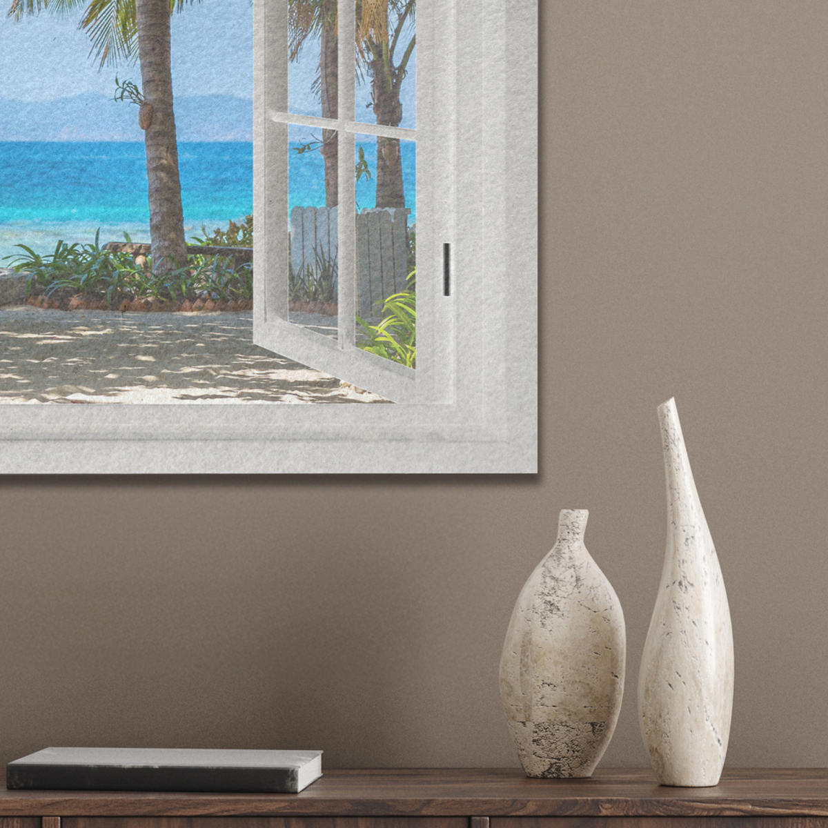 AKUSTIKBILD Aussicht - Baum - Meer - Palme - Hügel - Strand - Blau Wanddeko 70x50 cm - Blau, Kunststoff (70/50/0.9cm) - MuchoWow