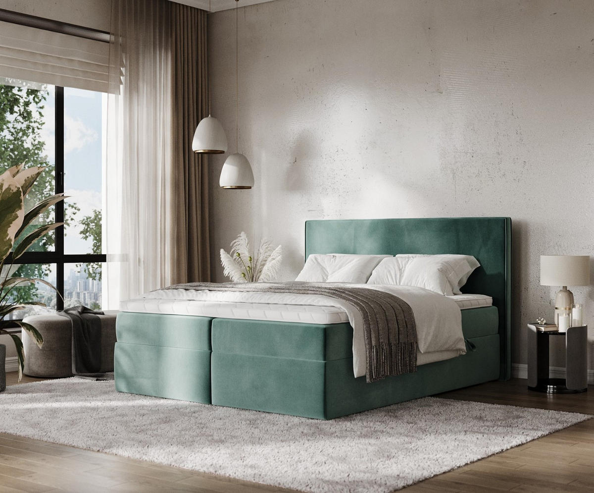 BOXBETT Nuvia 140/200 cm Türkis im Kronos Stoff - Türkis/Schwarz, Holz/Holzwerkstoff (140/200cm) - AltaBeds