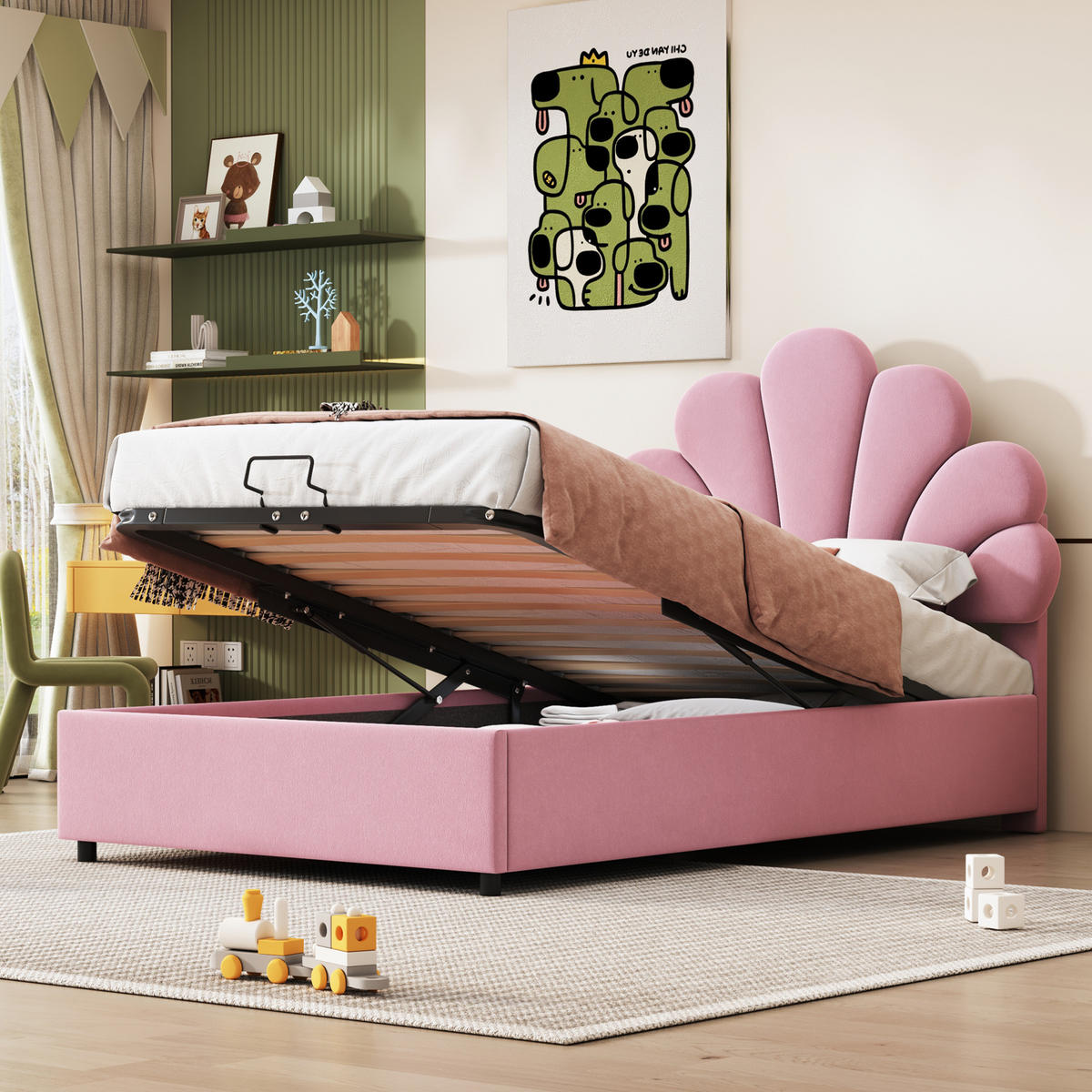 KINDERBETT 90/200 cm in Rosa aus Samt mit Stauraum und floralem Kopfteil - Rosa, Textil (90/200cm) - Flora Grace