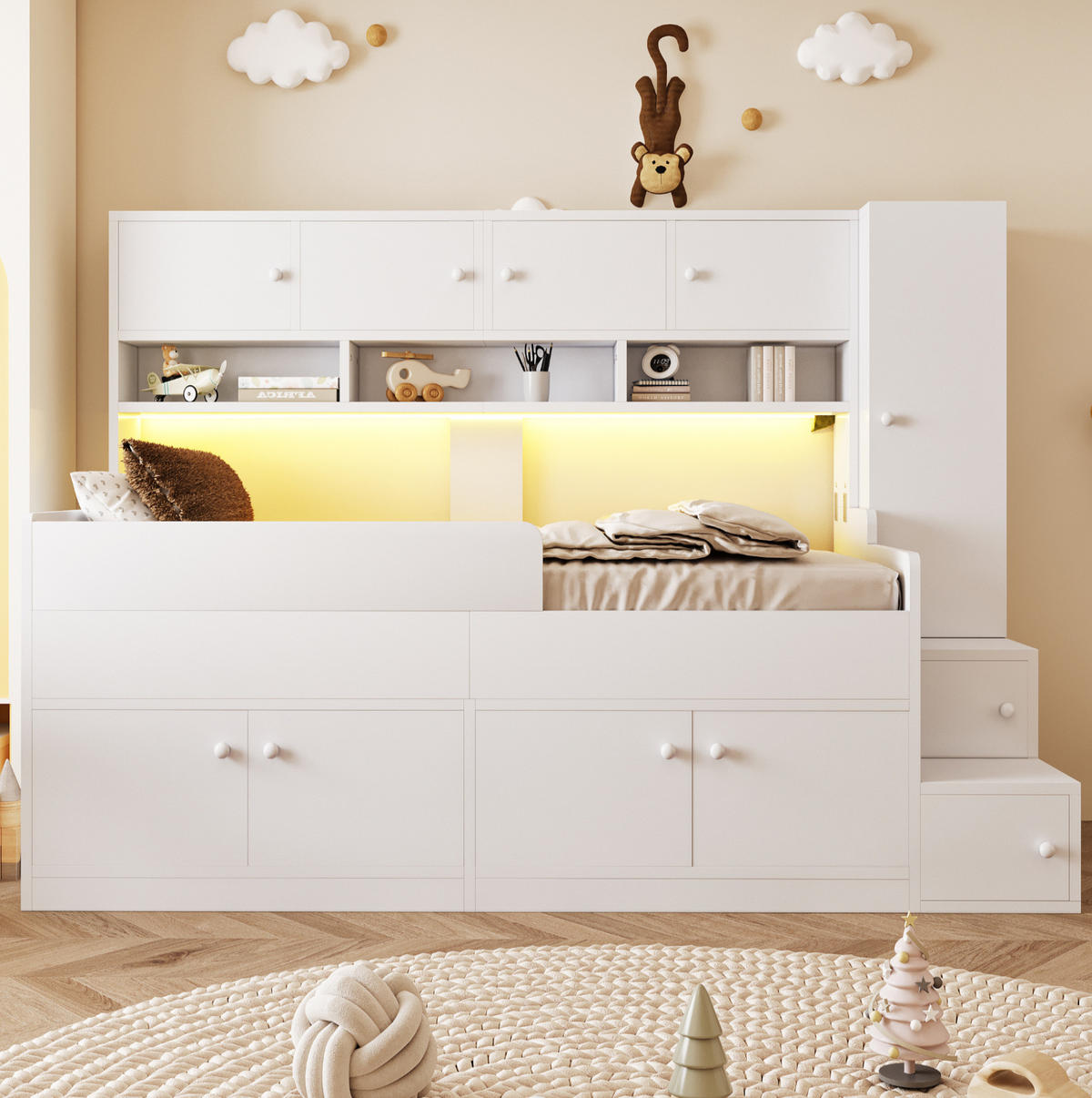 HOCHBETT 90/200 cm mit Stauraum, Kleiderschrank, LED-Beleuchtung und Sicherheitsgeländer, Weiß - Weiß, Holzwerkstoff (90/200cm) - Redom