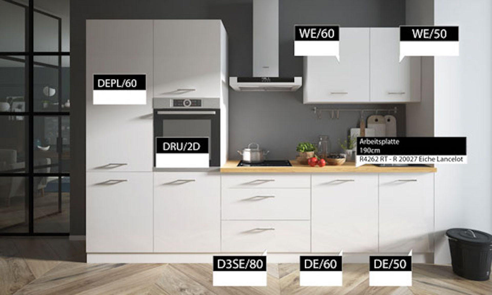 KÜCHENLEERBLOCK Essen Trend weiß / weiß hochglanz - eiche lancelot 8-teilig - Weiß, Holzwerkstoff (310/207/60cm) - Feldmann-Wohnen