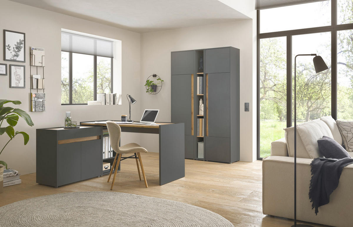 AKTENSCHRANK Grau matt, Eiche Wotan 50 x 158 cm, Stauraumschrank mit 4 Ordnerhöhen - Eichefarben/Schwarz, Holzwerkstoff/Kunststoff (50/158/40cm) - Furn.Design