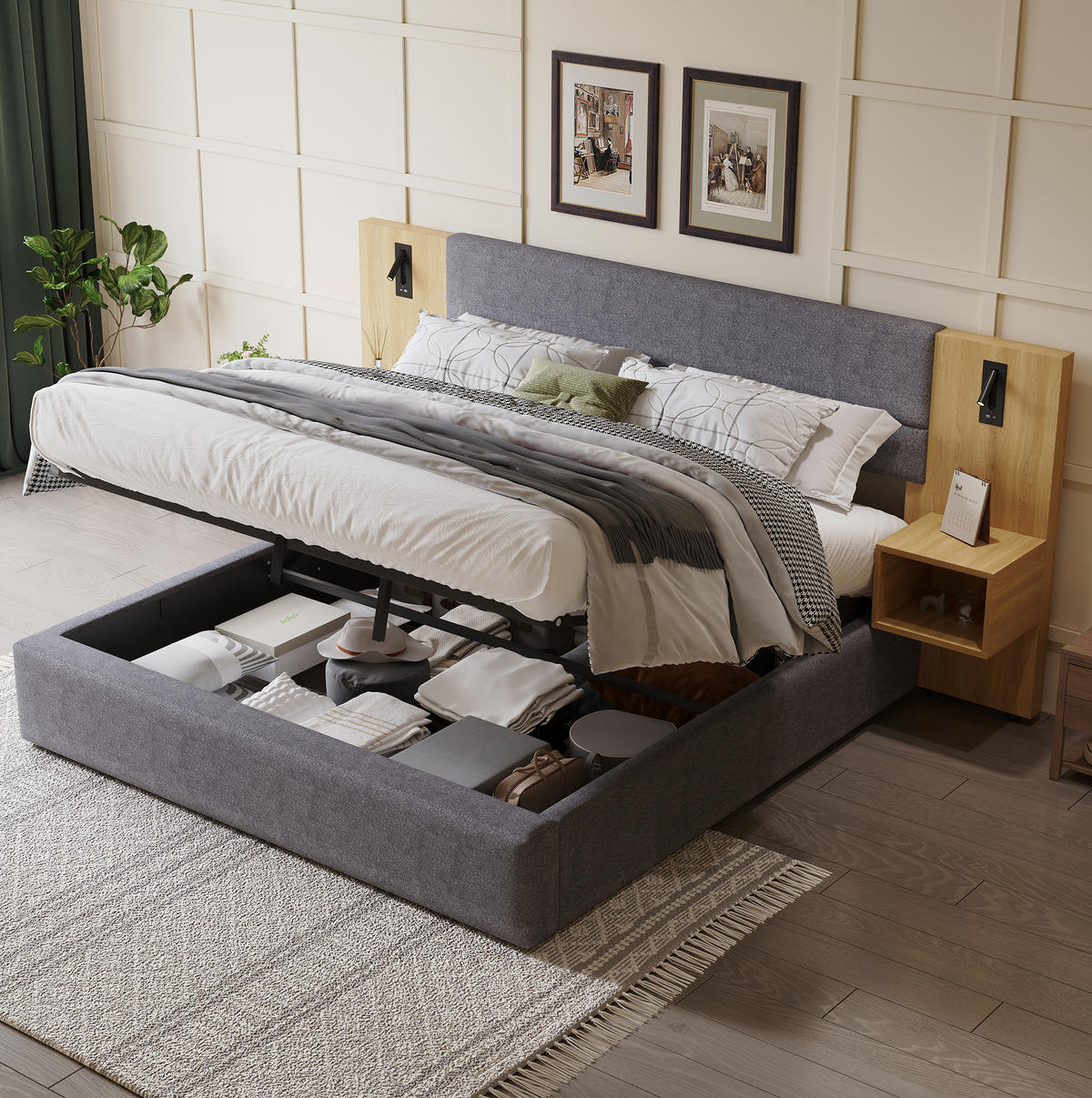 POLSTERBETT 160/200 cm aus Samt mit USB-Anschluss Beleuchtung und 2 Nachttischen Grau und Natur - Naturfarben, Textil (160/200cm) - Modenvie