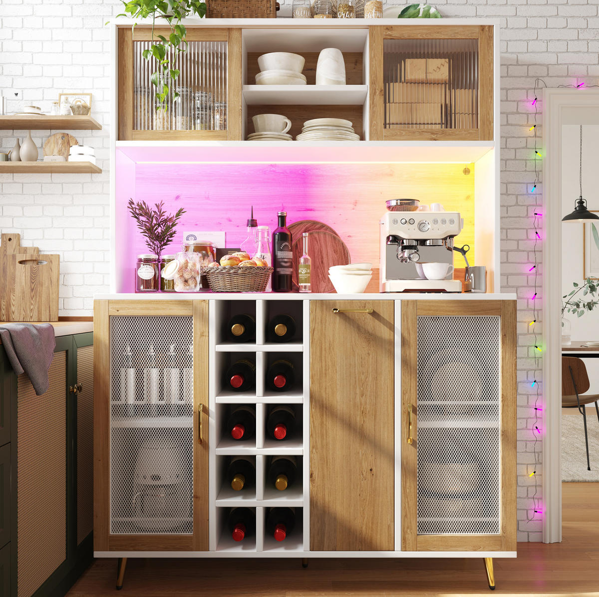 BUFFET 120/40/170 cm aus MDF mit LED-Beleuchtung und Steckdose Weiß (Holzoptik) - Weiß, Holzwerkstoff (120/170/40cm) - Modenvie