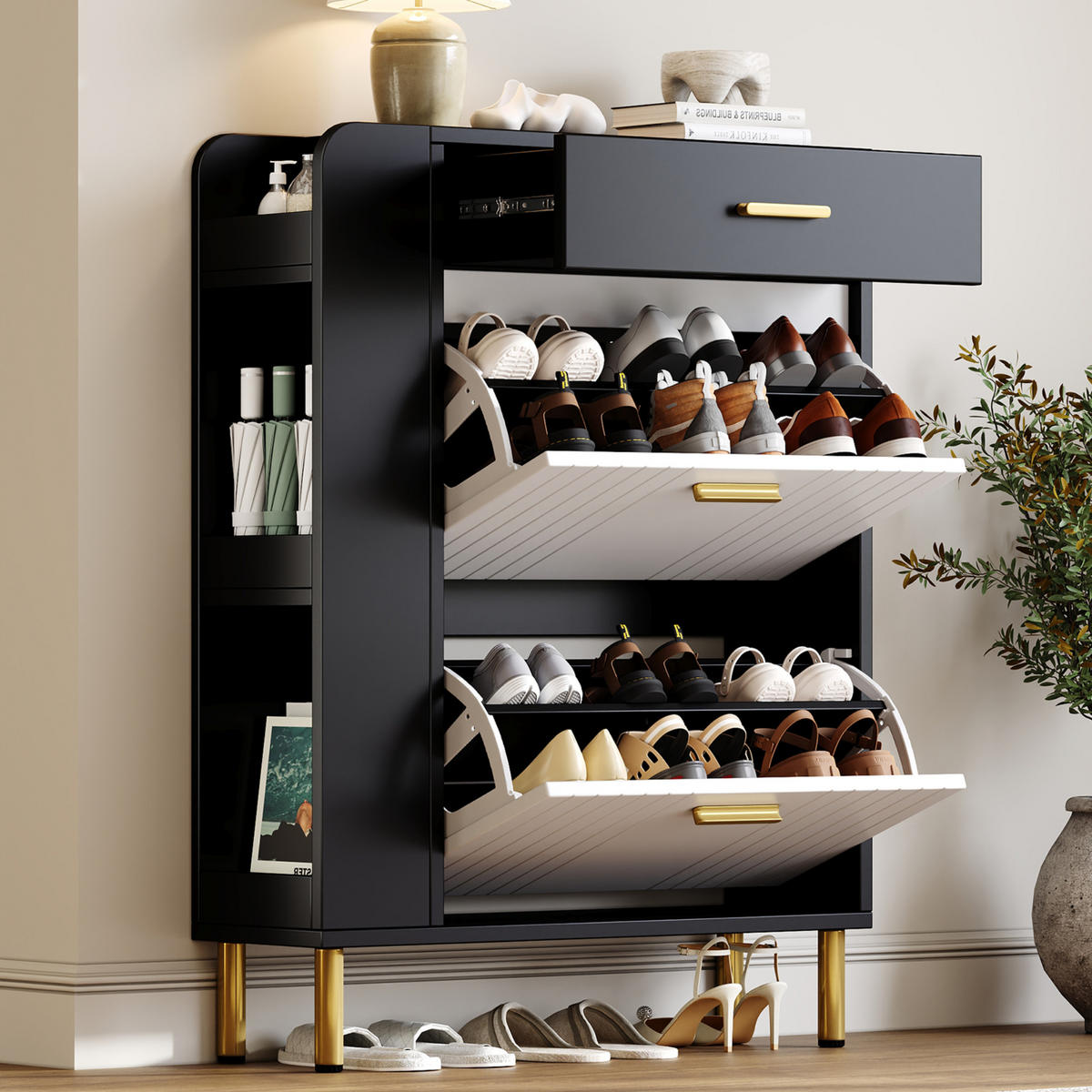 SCHUHSCHRANK Weiß-Schwarz 80/24/105 cm - Weiß, Holzwerkstoff (80/105/24cm) - PANGIVO