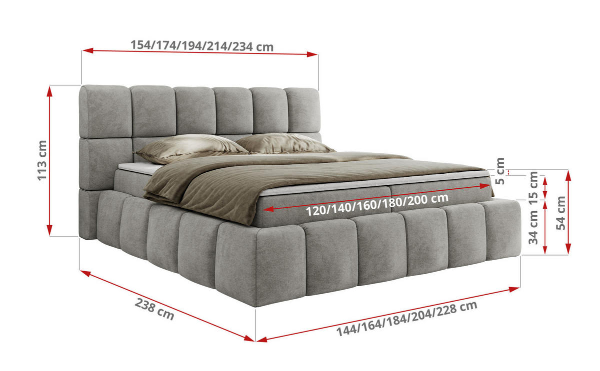 BOXBETT NIRA 180/200 - Hellgrau Strukture - H4 - Hellgrau, Holz/Textil (180/200cm) - MKS
