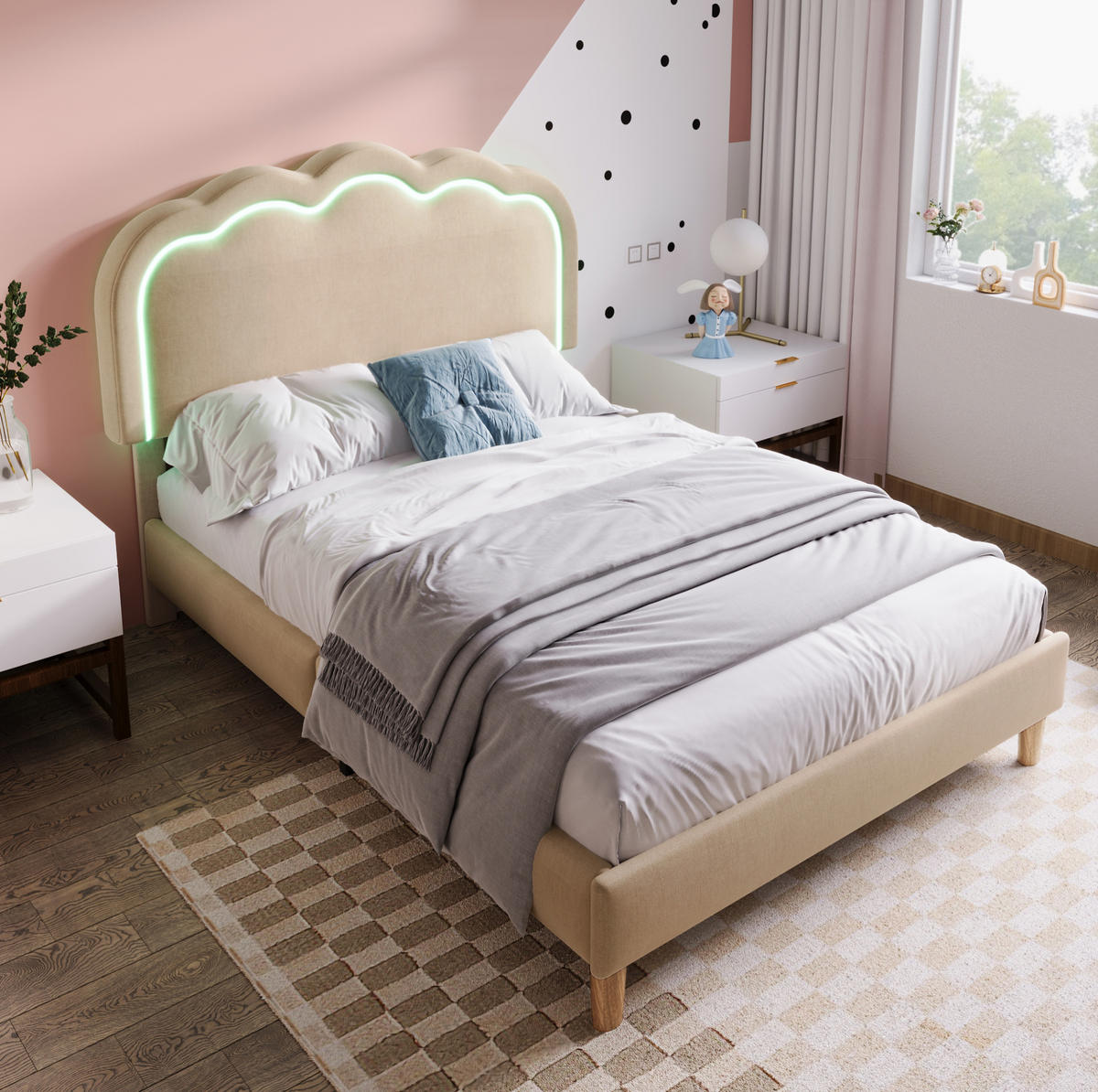 POLSTERBETT 90/200 cm Beige aus Leinen mit LED-Kopfteil - Beige, Textil (90/200cm) - OKMYHOME