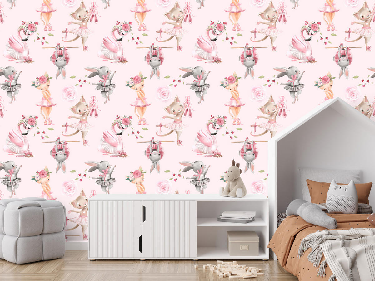 VLIESTAPETE Katzen und Hasen als Ballerinas – Rosa, Weiß – 50x1000 cm - Rosa/Weiß, Papier (50/1000cm) - Muralo