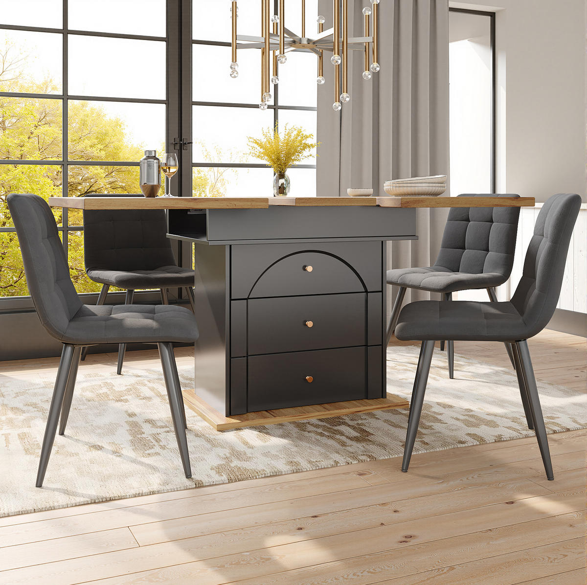 ESSTISCH 110-140/80/75 cm in Schwarz/Natur aus MDF mit Stauraum - Schwarz, Holzwerkstoff (110/80/75cm) - Flora Grace