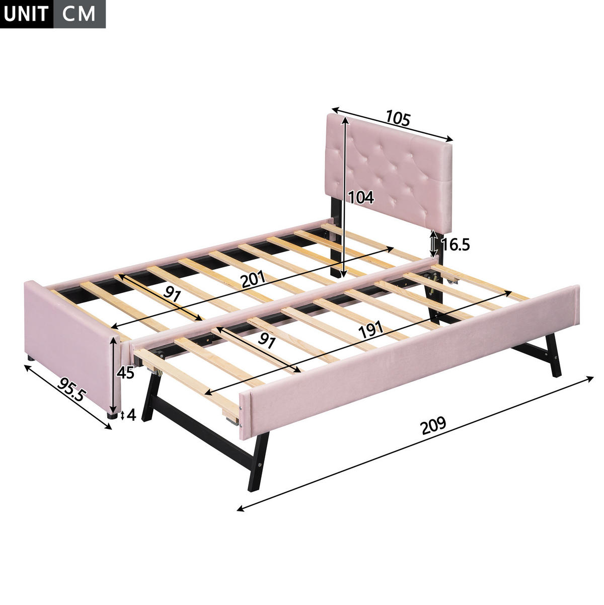 POLSTERBETT 90/200 cm Rosa mit Rollbett und Lattenrost, Samt - Pink, Textil (90/200cm) - MIVRAY