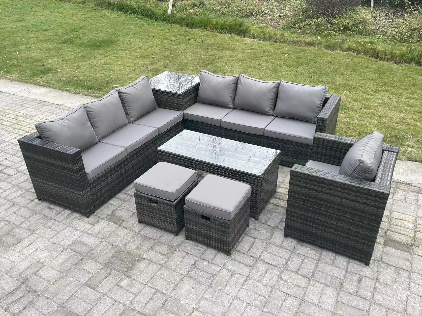 GARTENSOFA-SET MIT COUCHTISCH LOUNGE SOFA HOCKER Polyrattan Outdoor 9-Sitzer - Dunkelgrau/Grau, Glas/Kunststoff - Fimous